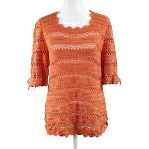 Vintage 70s Handmade Crochet Tunic Top Salmon Pink Orange Scalloped Peasant S